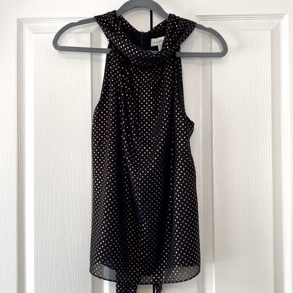 NWT Jason Wu Black & Gold Polka Dot Tie-Back Blouse | Draped Neck Sleeveless Top - Picture 6 of 11